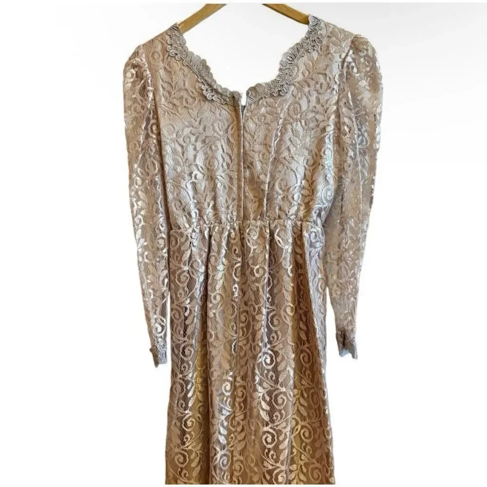 Vintage JCPenney 10P Taupe Rose Gold Lace Maxi Dress Petite Long Sleeve DressUSA